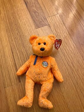 Ty Orange Sparkle 10th Anniversary Bear with Navy Ribbon